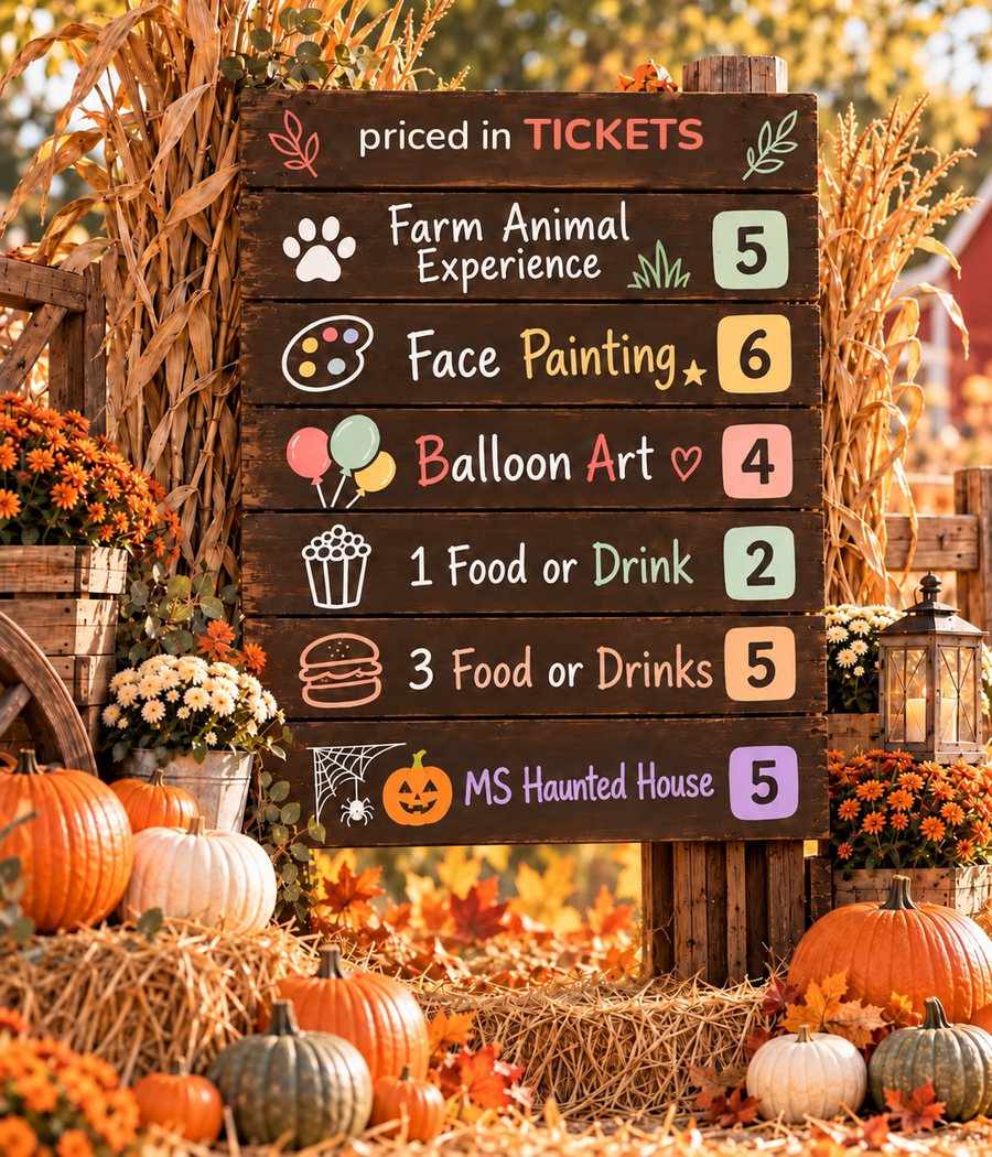 Hand-painted wooden sign, priced in tickets: Farm Animal Experience 5, Face Painting 6, Balloon Art 4, 1 food or drink 2, 3 food or drinks 5, MS Haunted House 5