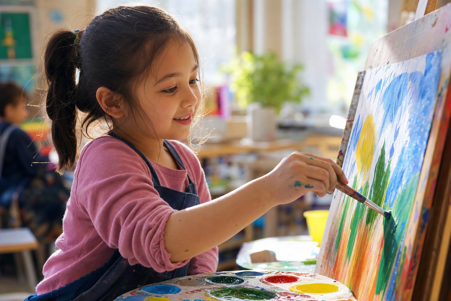 A student painting at an easel during the after-school art elective