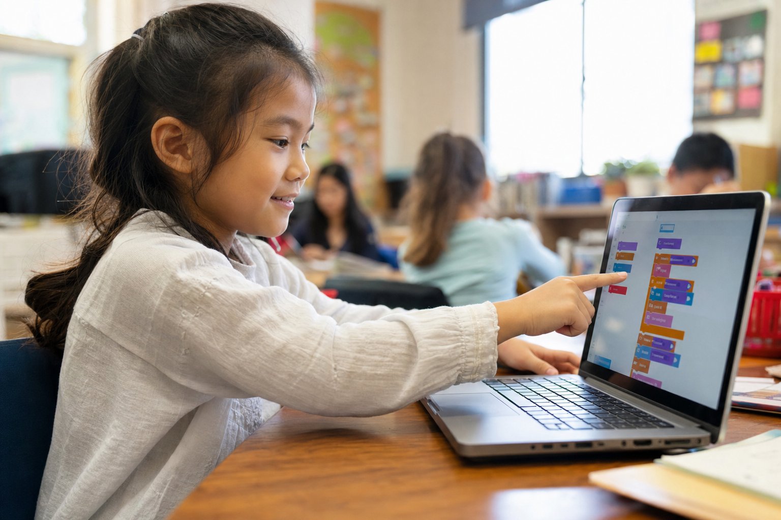 A student pointing at code on a laptop screen during a coding elective