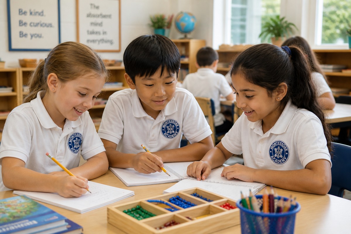 Elementary students writing while working with Montessori bead frames