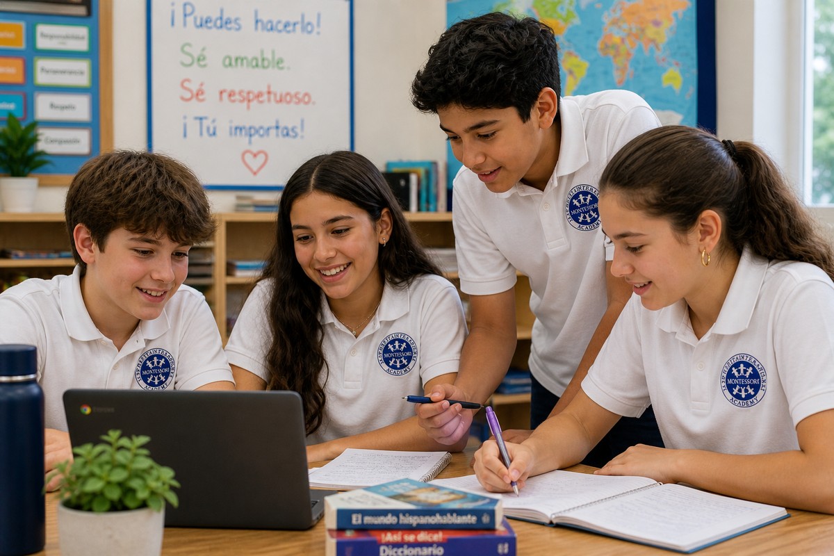 An AIA Middle School student working through a Spanish lesson on a laptop
