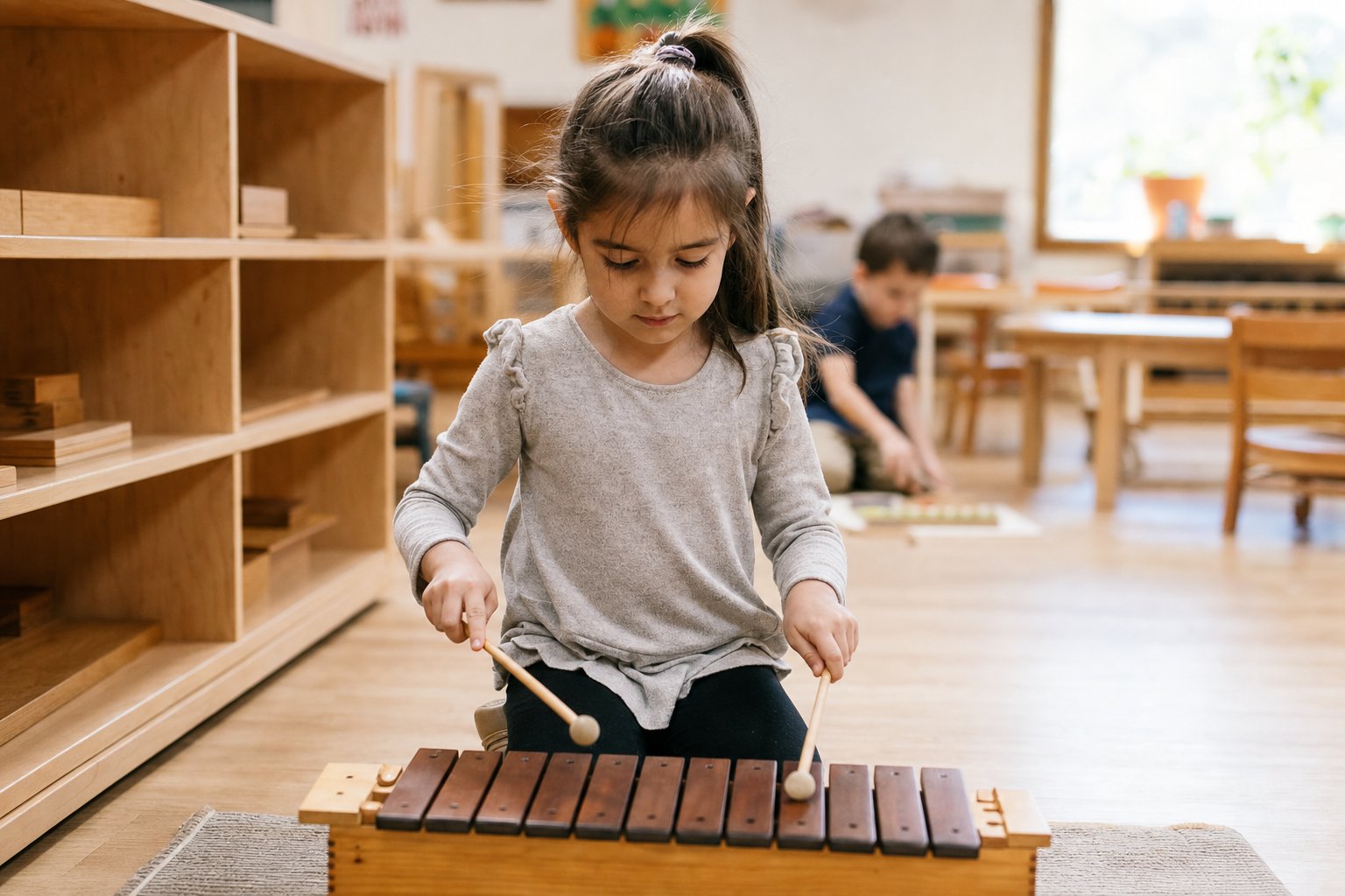 A student playing a wooden xylophone during a regular music lesson