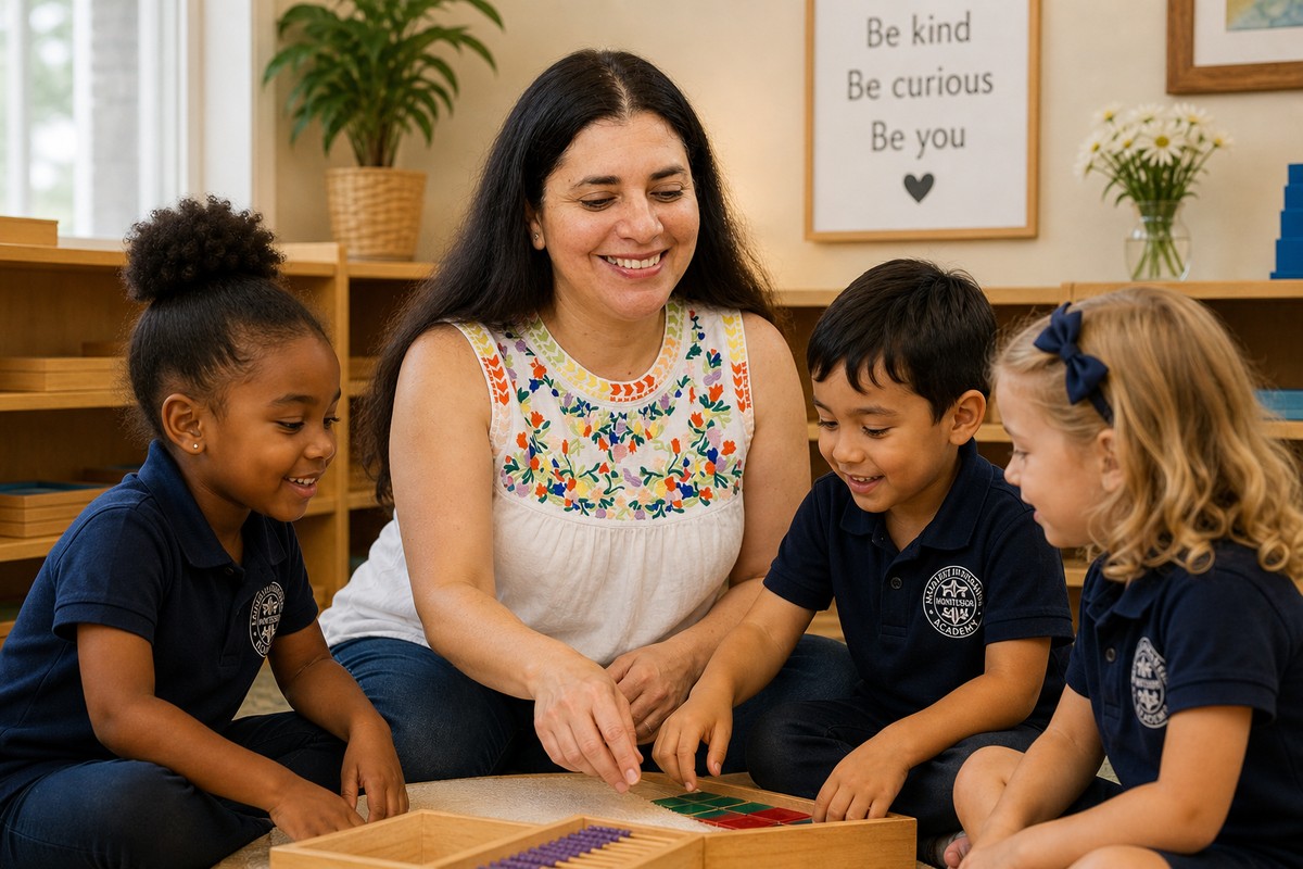 A group of Primary students working together with Montessori bead materials