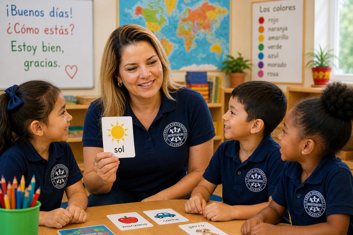 A teacher leading young students through Spanish vocabulary flashcards