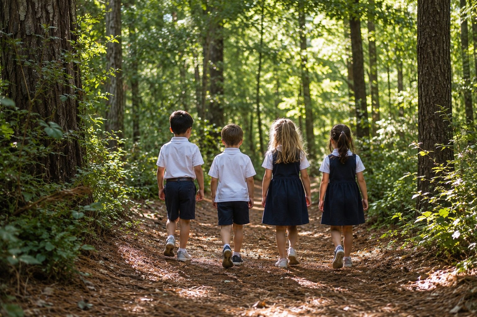 AIA students walking together along a wooded path on campus