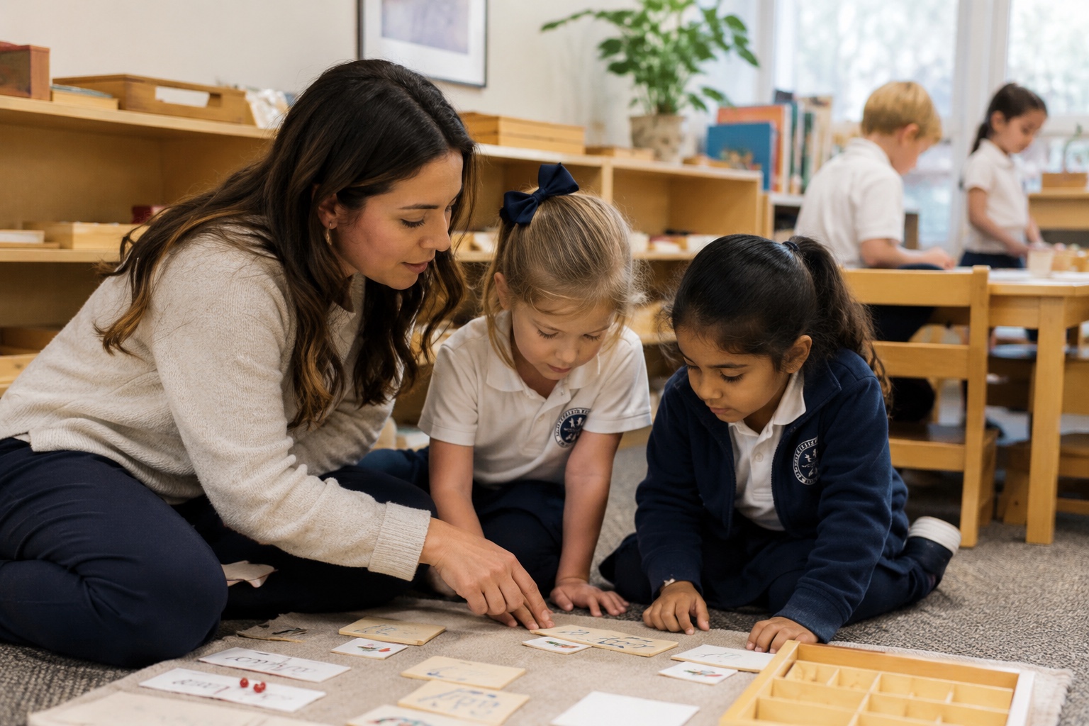 An AIA Montessori teacher guiding two students through hands-on reading materials