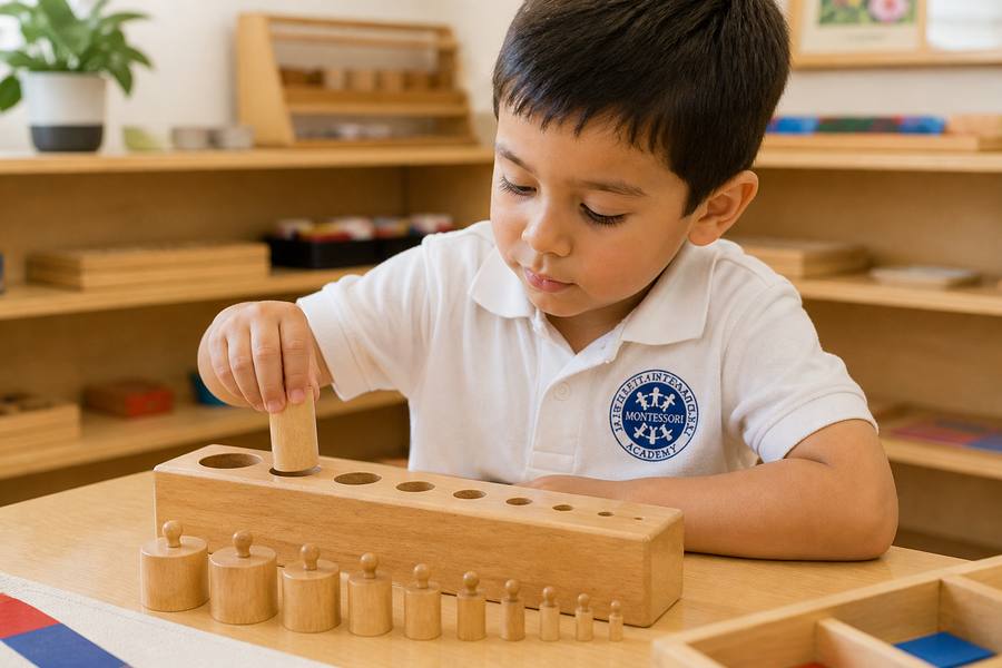 A toddler concentrating while working with Montessori cylinder blocks