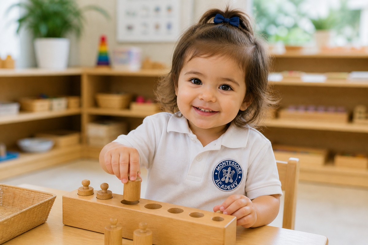 A toddler smiling while working with Montessori cylinder blocks